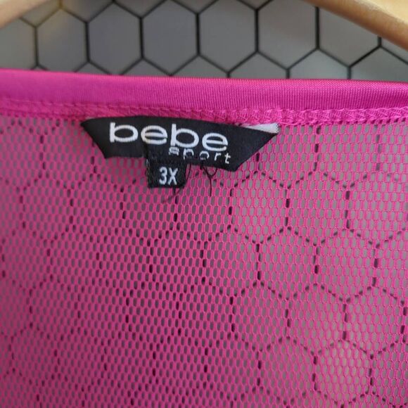 Bebe Sport Women's 3X Sporty Fishnet Tee Shirt Black Pink Logo Workout Athletic - Picture 4 of 5